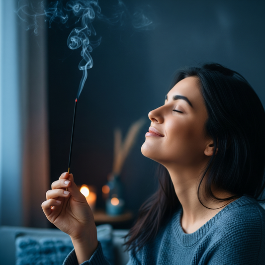 Woman holding a smoking incense stick with a dark background